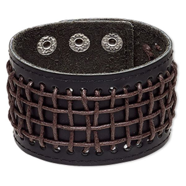 Bracelet, leather (dyed) / waxed cotton cord / imitation rhodium-plated steel, black and brown, 46mm wide, adjustable from 6 to 7-1/2 inches with double snap closure. Sold individually. image number 0