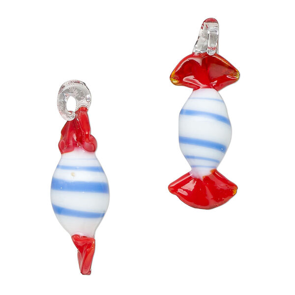 Drop, lampworked glass, opaque and translucent red / blue / white, 22x8mm-24x10mm candy. Sold per pkg of 2. image number 0