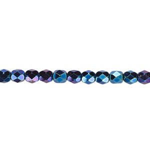 Bead, Czech fire-polished glass, iris blue, 4mm faceted round. Sold per pkg of 1,200 (1 mass).