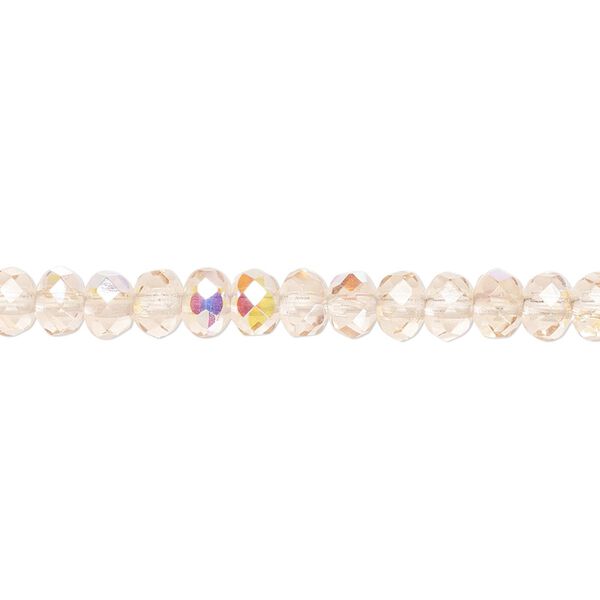 Bead, Czech fire-polished glass, light rose AB, 5x4mm faceted rondelle. Sold per 15-1/2" to 16" strand. image number 0