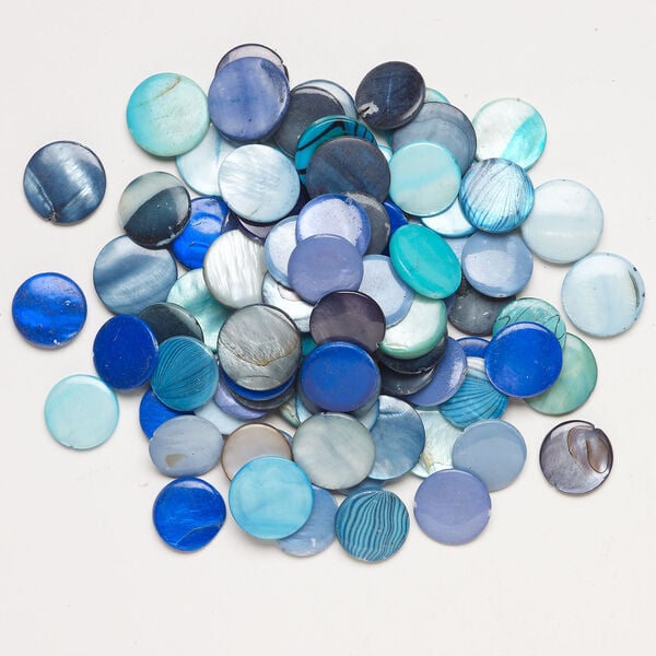 Mother-of-pearl shell 1pkg6oz, puffed flat round bead mix multi-blue 17-20mm image number 1