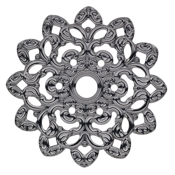 Focal, gunmetal-plated steel, 47mm single-sided fancy flower with 6mm center hole. Sold per pkg of 6. image number 0