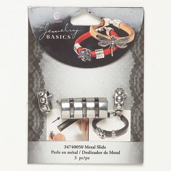 Slider bead assortment 1pkg3, antique silver-finished brass, 28x13mm slotted oval / 14x6mm oval with dots. image number 0