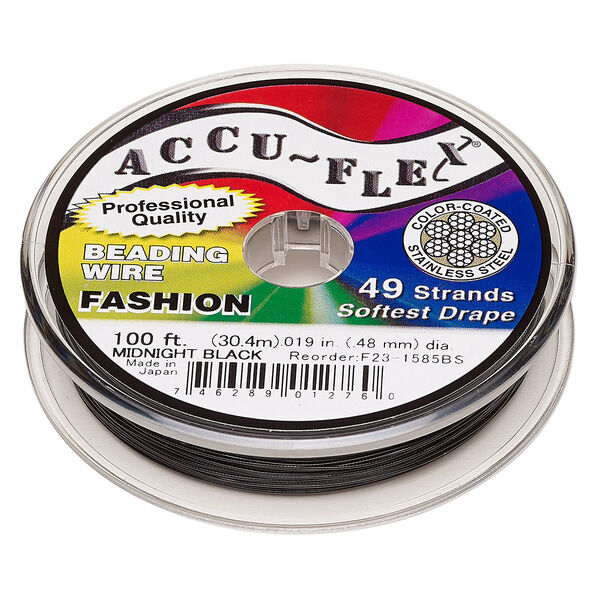 Beading wire, Accu-Flex®, nylon and stainless steel, midnight black, 49 strand, 0.019-inch diameter. Sold per 100-foot spool. image number 0
