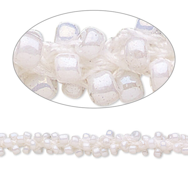 Seed bead cord, glass and nylon, white and opaque luster white, 6mm hand-crocheted #11 round. Sold per pkg of 10 feet. image number 0