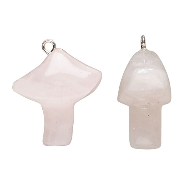 Drop, imitation rhodium-plated brass and rose quartz (natural), 25x21.5mm hand-carved mushroom. Sold individually. image number 0