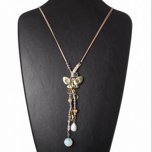 Necklace, satin cord / waxed cotton cord / polyurethane / glass rhinestone / millefiori glass / acrylic / enamel / resin / silver-coated plastic / antique gold-finished "pewter (zinc-based alloy) / antique silver-plated brass and steel, multicolored, 5-1/2 inch dangle with butterfly, 28 inches with lobster claw clasp. Sold individually.