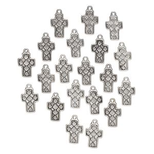 Drop, "pewter" (zinc-based alloy), pkg/20, 21x13mm single-sided cross with diamond pattern, antique silver finish.