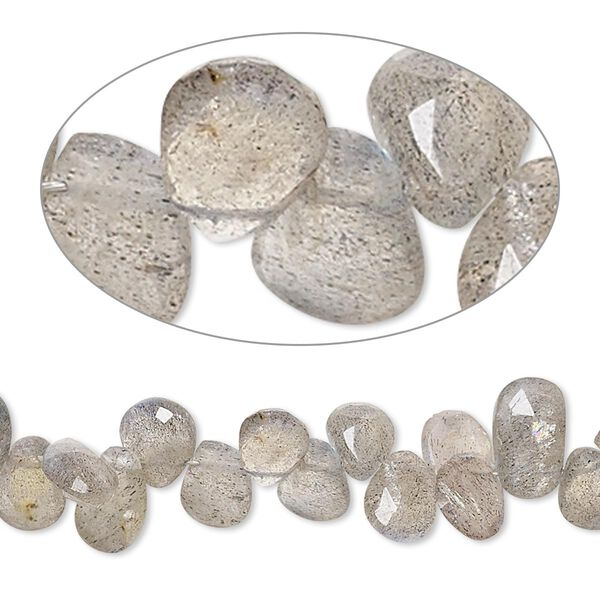 Bead, labradorite (natural), 5x4mm-9x6mm hand-cut top-drilled faceted puffed teardrop, C grade, Mohs hardness 6 to 6-1/2. Sold per 4-inch strand. image number 0