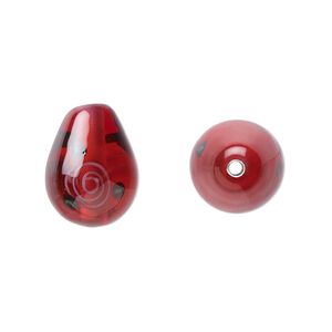Bead, Czech lampworked glass, opaque red / pink / green, 14x10mm-15x11mm teardrop with flower design. Sold per pkg of 2.