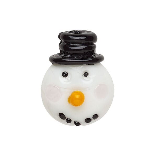 Bead, lampworked glass, opaque white and multicolored, 27x20mm snowman head. Sold individually. image number 0