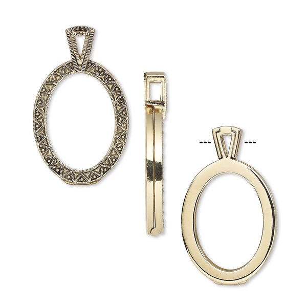 Pendant, Almost Instant Jewelry®, antique gold-finished brass and rubber, 46x27.5mm single-sided hinged oval with 30x22mm oval setting. Sold individually. image number 0