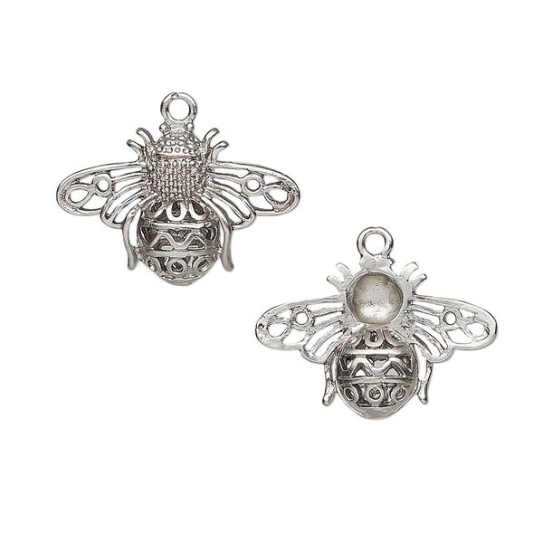 Charm, silver-plated brass, 21x14mm single-sided bee. Sold individually. image number 0