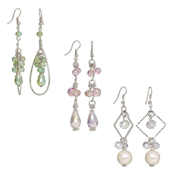 Earring, glass / imitation rhodium-coated plastic / imitation rhodium-plated steel / brass, assorted colors, 2-3/4 to 3 inches with fishhook ear wire. Sold per pkg of 3 pairs. image number 0