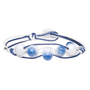 Bracelet, waxed cotton cord and porcelain, blue and white, 14mm wide with 12x10mm teardrop, 7 inches with button clasp. Sold individually.