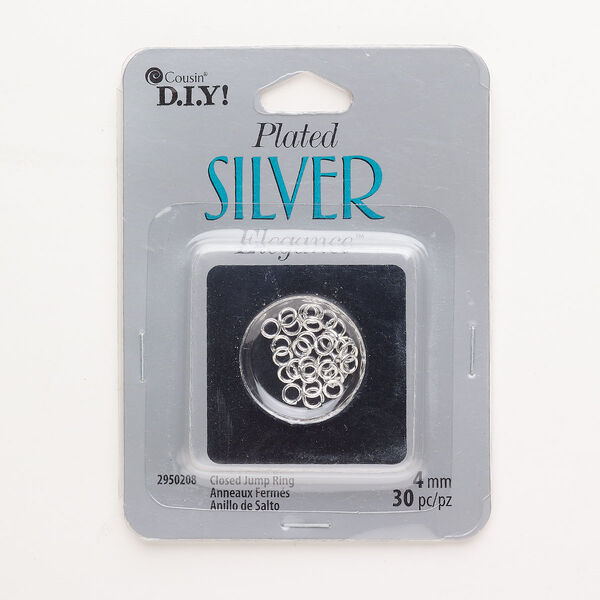 Jump ring, brass, pkg/30, silver plate, 4mm open round, 2.2mm inside diameter, 19 gauge. image number 0