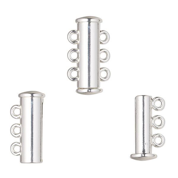 Clasp, 3-strand magnetic slide lock, silver-finished "pewter" (zinc-based alloy), 19x6.5mm tube. Sold per pkg of 2. image number 0