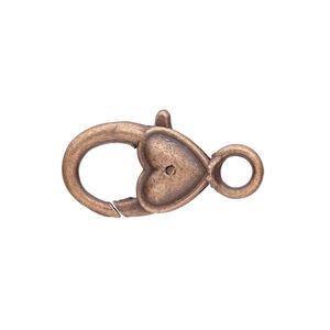 Clasp, lobster claw, antique copper-plated "pewter" (zinc-based alloy), 21x12.5mm with double-sided smooth heart design. Sold per pkg of 6.