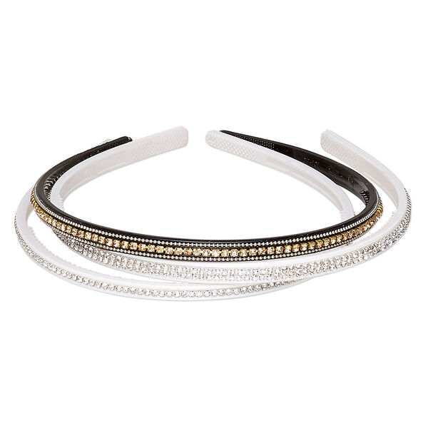 Headband, acrylic / glass rhinestone / silver- / gold-finished brass, assorted colors, 6mm and 8mm wide with cupchain, 15 inches. Sold per pkg of 3. image number 0