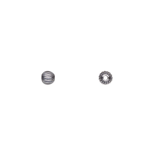 Bead, antiqued sterling silver, 4mm seamless corrugated round. Sold per pkg of 10. image number 0