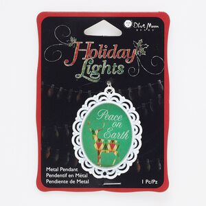 Focal, enamel and "pewter" (zinc-based alloy), multicolored, 45x36mm fancy oval with deer and "Peace on Earth." Sold individually.