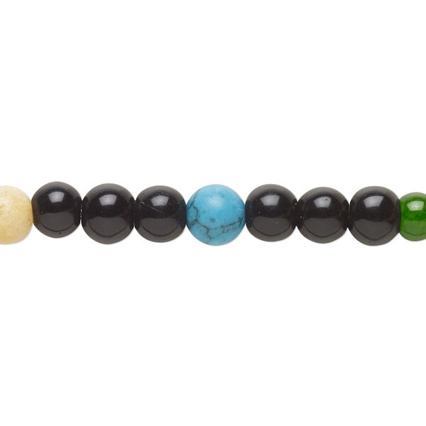 Bead, multi-gemstone (natural / dyed / man-made / imitation) and glass, 5-6mm round with 0.8mm hole, D grade, Mohs hardness 3 to 7. Sold per 15-inch strand. image number 0