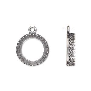 Drop, JBB Findings, antique silver-plated brass, 16mm round with open back and decorative trim, 14mm round bezel setting. Sold per pkg of 2.