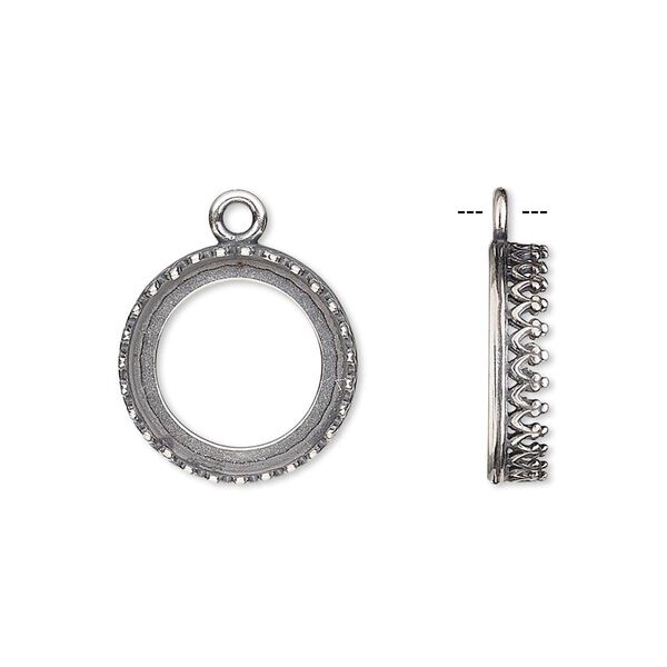 Drop, JBB Findings, antique silver-plated brass, 16mm round with open back and decorative trim, 14mm round bezel setting. Sold per pkg of 2. image number 0