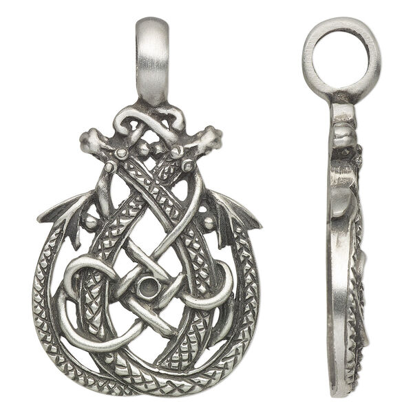 Pendant, antiqued pewter (tin-based alloy), 48x29mm single-sided teardrop with dragon design and 6.5mm hole. Sold individually. image number 0