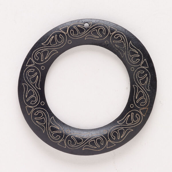Focal, wood (natural / dyed), black and tan, 58-60mm top-drilled carved round with swirl. Sold individually. image number 0