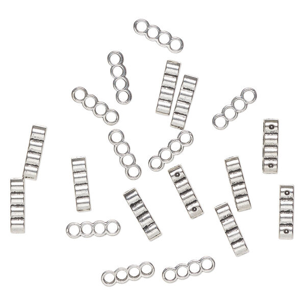 Bead, spacer, "pewter" (zinc-based alloy), pkg/20, 18x8mm 2-strand rectangle, antique silver finish, fits up to 5mm beads. image number 0
