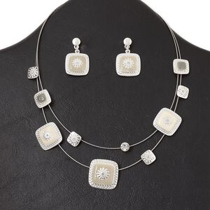 Necklace and earring set, 2-strand, silver-plated "pewter" (zinc-based alloy) and steel / enamel / glass rhinestone, grey / cream / clear, square, 15" to 16" necklace with lobster claw clasp and 3-inch extender chain, 1-1/4 inch earring with post. Sold per set.