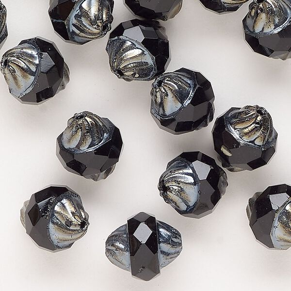 Bead, fire-polished, glass, opaque gunmetal and jet luster, 11x10mm fancy faceted oval. Sold per pkg of 30. image number 0