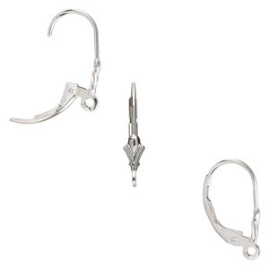 Ear wire leverback 1pkg2 14Kt white gold, 16mm / 7x3mm shield / open loop, 1 pair