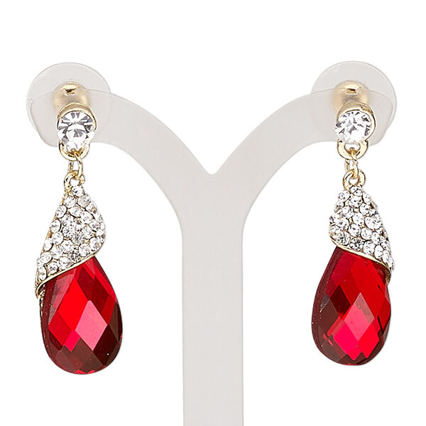 Earring, glass / glass rhinestone / stainless steel / gold-finished "pewter" (zinc-based alloy), red and clear, 34mm with teardrop and post. Sold per pair. image number 0