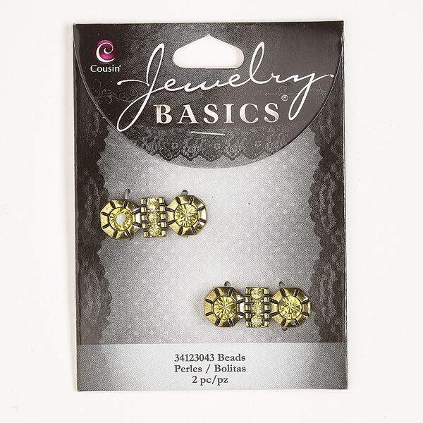 Bead, spacer, gold-finished "pewter" (zinc-based alloy) and glass, yellow, 27x11mm-28x11mm fancy rectangle, fits up to 14.5mm beads. Sold per pkg of 2. image number 0