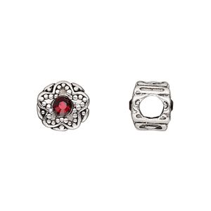 Bead, Dione®, antique silver-plated pewter (tin-based alloy) and crystal rhinestone, garnet red, 11mm double-sided round with star design. Sold individually.
