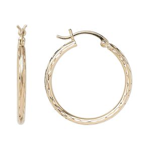 Earring, 14Kt gold, 24.5mm diamond-cut round hoop with latch-back closure. Sold per pair.