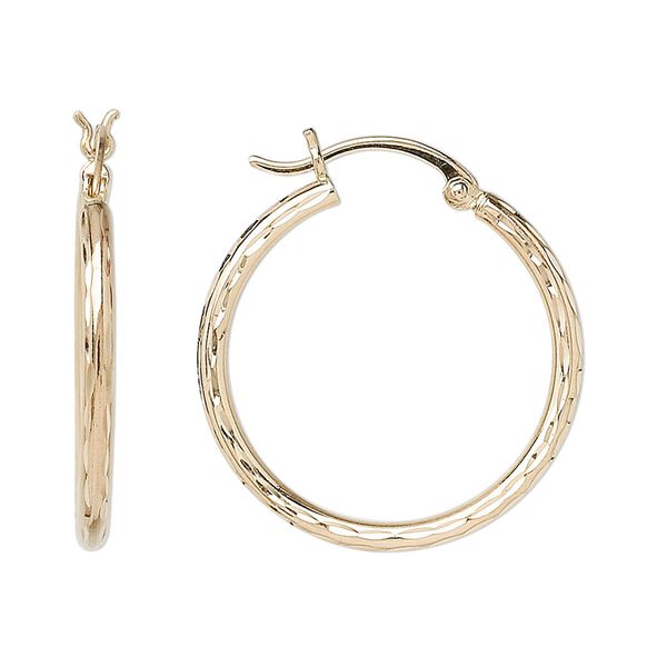 Earring, 14Kt gold, 24.5mm diamond-cut round hoop with latch-back closure. Sold per pair. image number 0