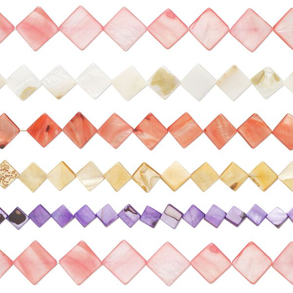 Bead mix, mother-of-pearl shell (natural / bleached / dyed), mixed colors, 11x11mm-35x34mm flat diamond, Mohs hardness 3-1/2. Sold per pkg of (5) 14- to 15" to 16" strands. image number 0