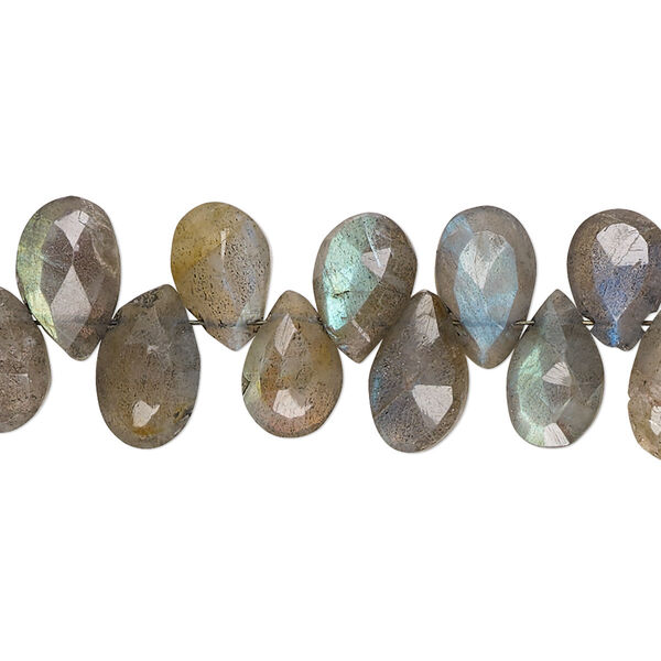 Bead, labradorite (natural), 9x6mm-11x8mm hand-cut top-drilled faceted puffed teardrop with 0.4-1.4mm hole, C grade, Mohs hardness 6 to 6-1/2. Sold per 7-inch strand. image number 0