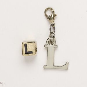 Bead and charm, brass-finished "pewter" (zinc-based alloy) / steel / enamel, black, 7mm cube with alphabet letter "L" and 13x12mm alphabet letter "L" with lobster claw clasp. Sold per pkg of 2.
