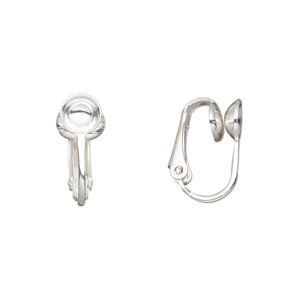 Earring, clip-on, silver-plated steel, 16mm hinged with 6mm cup, fits 6-8mm bead. Sold per pkg of 5 pairs. image number 0