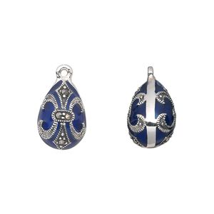 Drop, sterling silver with marcasite and enamel, blue, 15x10mm teardrop with fleur-de-lis design. Sold individually.