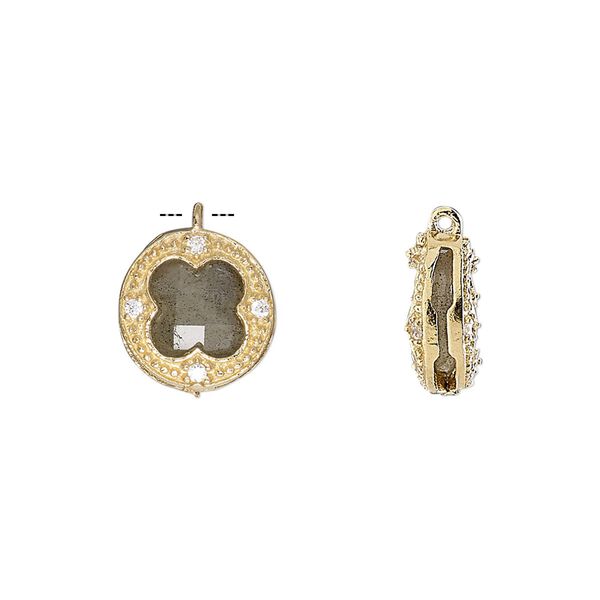 Drop, labradorite (natural) / cubic zirconia / gold-finished sterling silver, clear, 12mm two-sided faceted round. Sold individually. image number 0