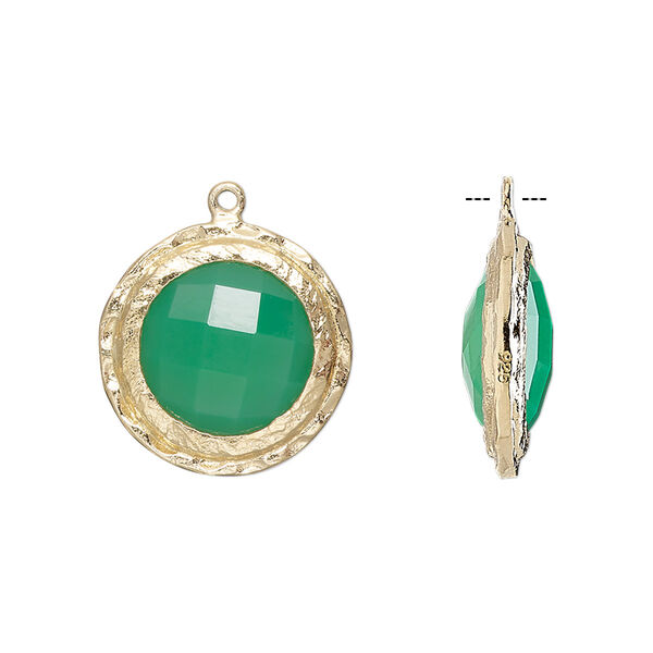 Drop, chalcedony (dyed) and gold-finished sterling silver, sea green, 17mm double-sided faceted round with hammered edge. Sold individually. image number 0