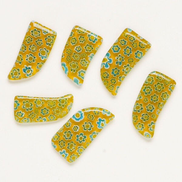Component, millefiori glass, translucent golden brown and multicolored, 22x12mm-31x15mm undrilled talon. Sold per pkg of 6. image number 0