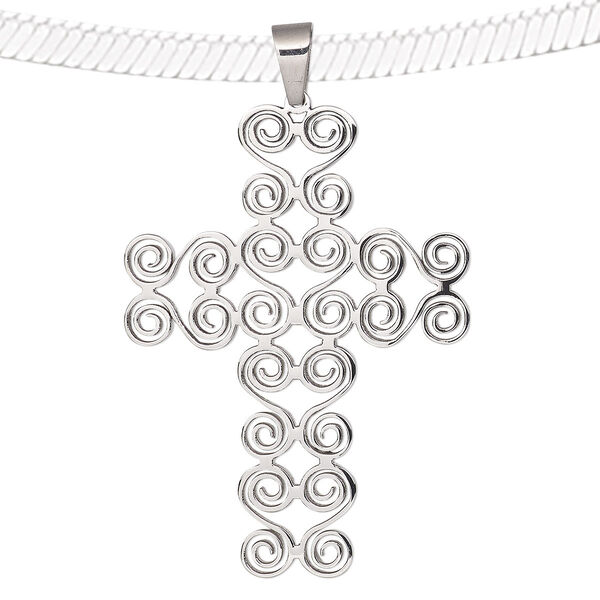 Pendant, stainless steel, 60x43mm double-sided cross with swirl design. Sold individually. image number 0