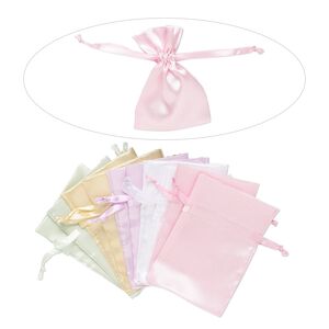 Pouch, satin, assorted pastels, 4-3/4 x 3 inches with drawstring closure. Sold per pkg of 10.