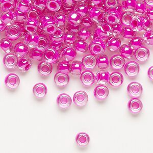 Seed bead, Miyuki, glass, pkg/250g, #6 rocaille, translucent fuchsia-lined luster crystal clear (RR-209).